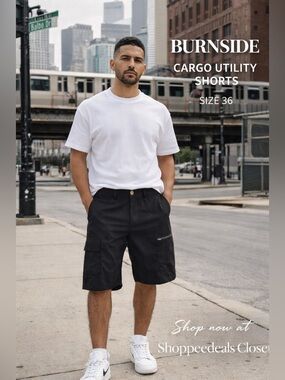 Burnside Black Cargo Shorts Men’s Size 36 Utility Zip Pocket